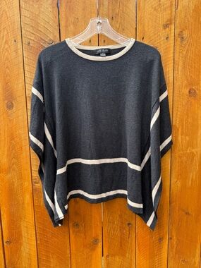 August Silk Charcoal & Cream Boxy Faux Poncho Sweater with Sleeves - Small